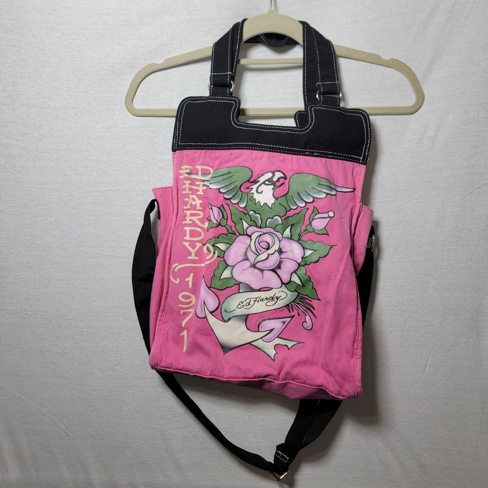 Vtg‎ Y2k Ed Hardy Pink Canvas/Black Double Handles Crossbody Tote Purse READ